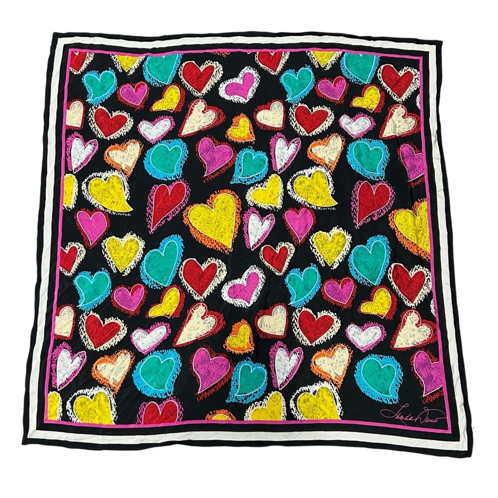 Linda Davis Hearts Vibrant Silk Scarf 42”x42" Square Signed Elegant